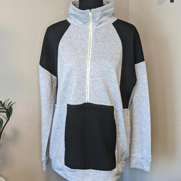 Women's Zip‎ Up Lapel Collar Long Sleeve Pocket Splice Gay & Black - Picture 1 of 4
